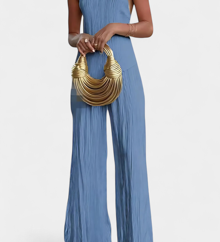 Pilarica Conjunto Plisado con Top Asimétrico Halter y Pantalón Fluido