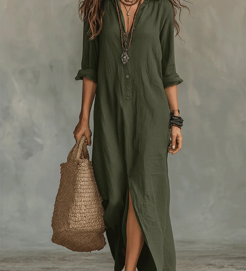 Soline™ | Vestido maxi negro holgado con botones