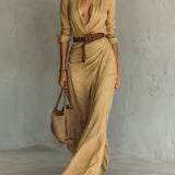 Camille™ | Vestido maxi con solapa y cinturón en la cintura