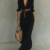 Camille™ | Vestido maxi con solapa y cinturón en la cintura