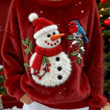 Sudadera con capucha de franela con muñeco de nieve y pájaros navideños para mujeres