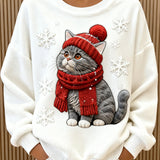 Sudadera con capucha de franela casual con impresión artística de un gato navideño para mujer