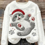 Sudadera casual de franela con impresión artística de un lindo gato navideño para mujer