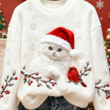 Sudadera informal de franela con impresión artística de Gato Navideño para dama