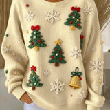 Suéter casual de cuello redondo vintage para mujer de árbol de Navidad