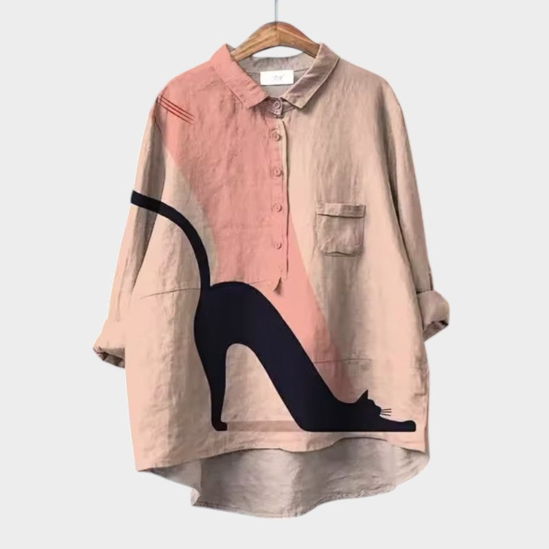 Liliana™ | Blusa de lino atemporal con gatos multicolores para la comodidad