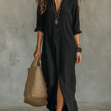 Soline™ | Vestido maxi negro holgado con botones