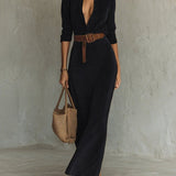 Juline™ | Vestido Maxi de aspecto gamuza con solapa