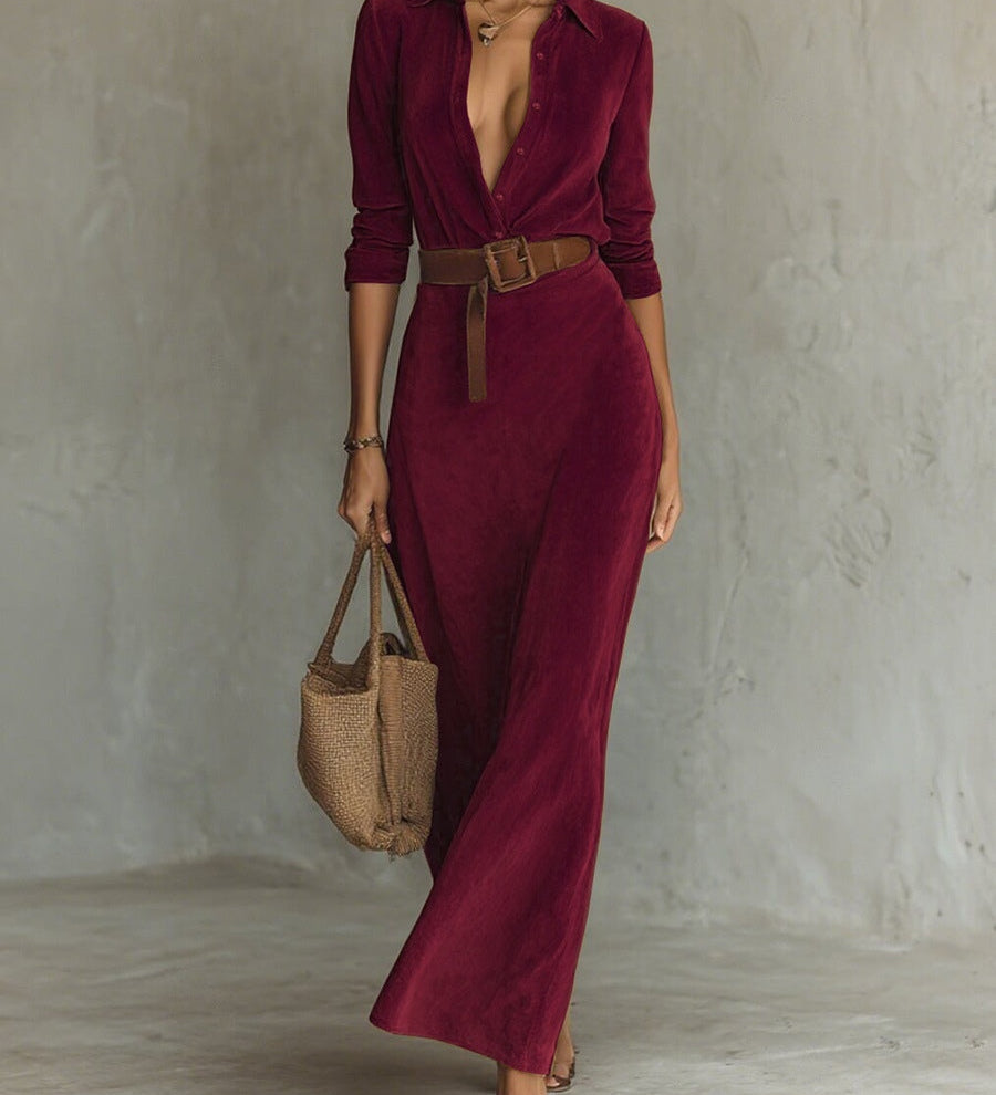Juline™ | Vestido Maxi de aspecto gamuza con solapa
