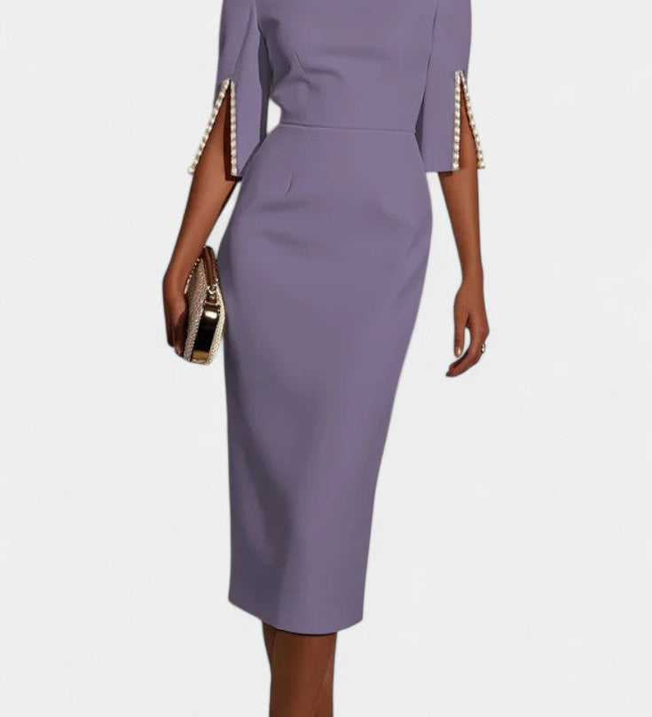 Reece Vestido Midi con Perlas y Cuello Redondo