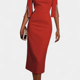Reece Vestido Midi con Perlas y Cuello Redondo