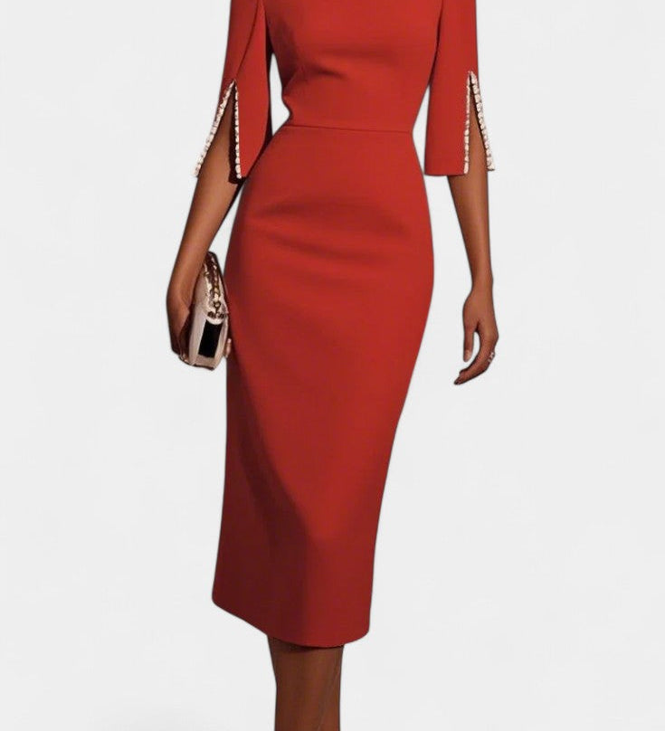 Reece Vestido Midi con Perlas y Cuello Redondo