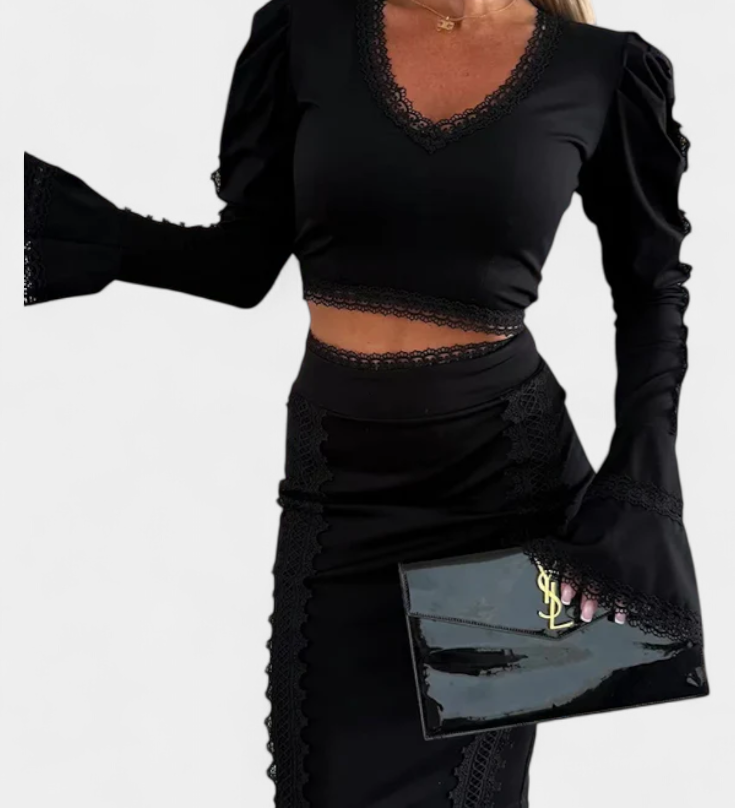 Minerva Conjunto Elegante de Top con Encaje y Falda de Cintura Alta