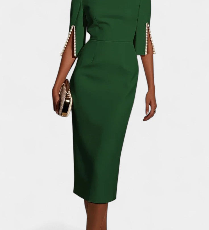 Reece Vestido Midi con Perlas y Cuello Redondo