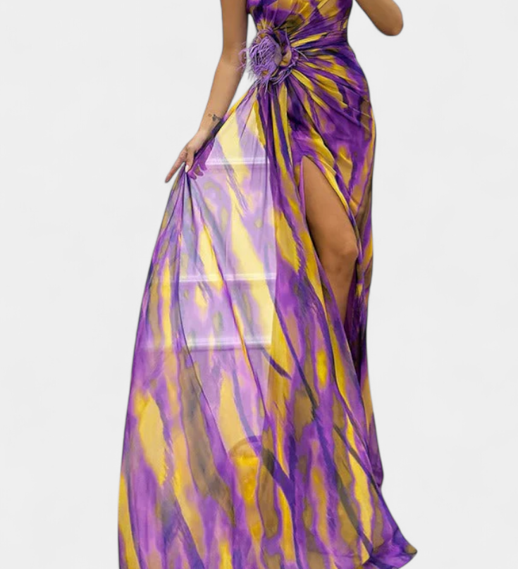 Aylin Vestido Maxi Asimétrico con Estampado Vibrante