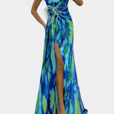 Aylin Vestido Maxi Asimétrico con Estampado Vibrante