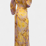 Quintessa Vestido Maxi Plisado con Mangas Largas y Estampado Vibrante